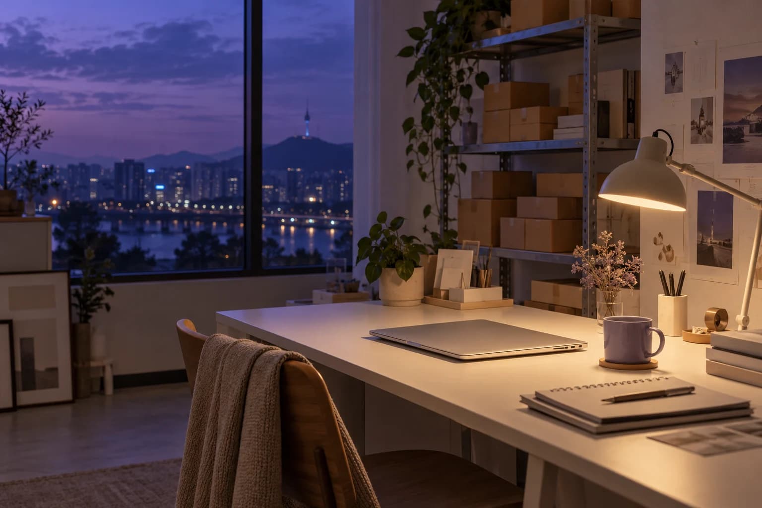 A quiet support workspace after hours, overlooking a city lit in purple at night